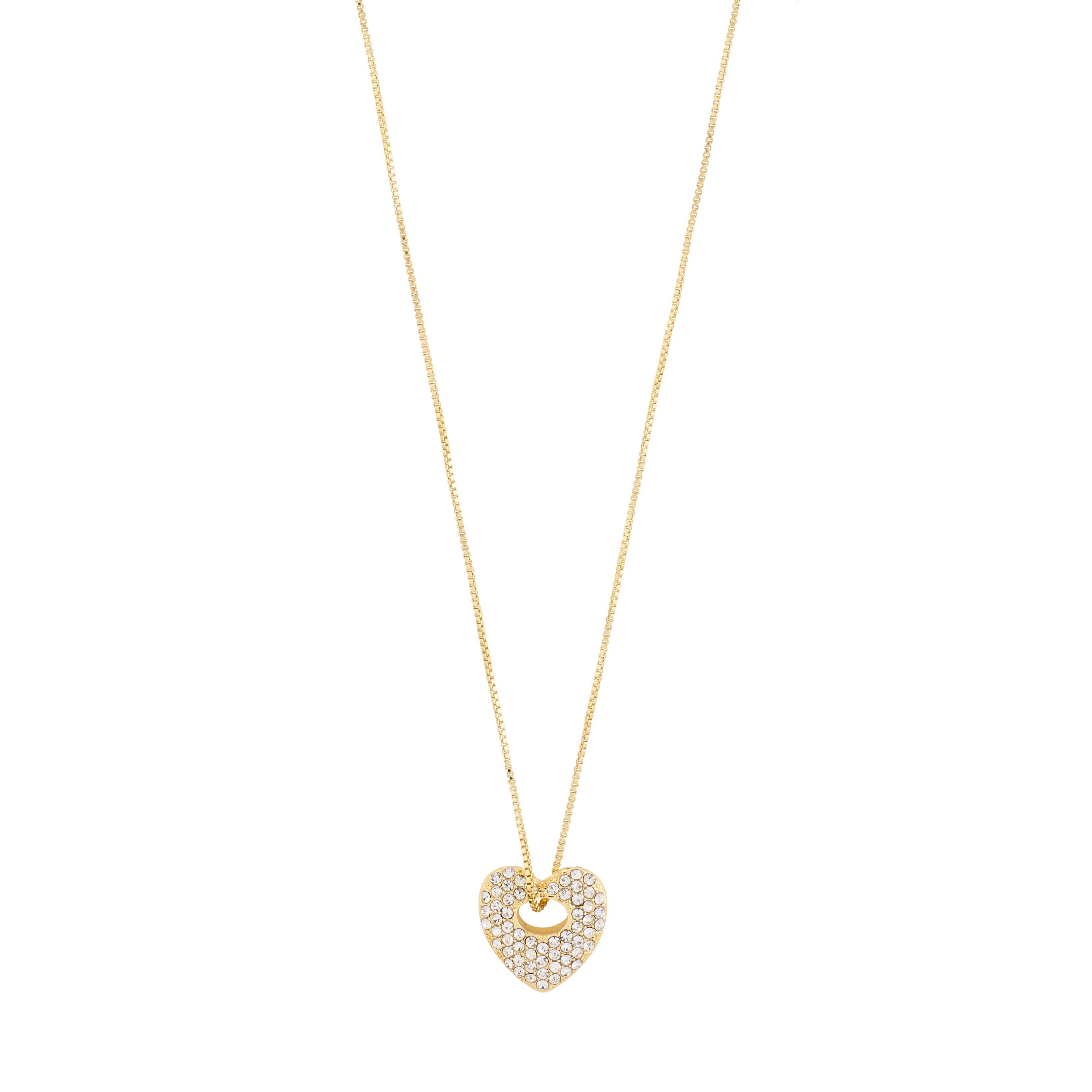 DUNE heart necklace, gold-plated, featuring a heart pendant with sparkling crystals on a slim chain, perfect for adding glam to everyday styles.