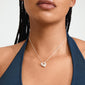 DUNE heart necklace, silver-plated, featuring a heart pendant with Preciosa crystals on a woman's neck, showcasing its elegant box chain design.