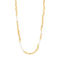 Gold-plated TIDE necklace from Pilgrim's IMAGINATION collection, featuring organically shaped beads, freshwater pearls, and mother-of-pearl glass beads, 38 cm plus 12 cm extension.