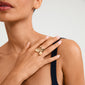 Close-up of a woman wearing the DREAM gold-plated butterfly ring by Pilgrim, showcasing its detailed design and adjustable fit for daily glam.