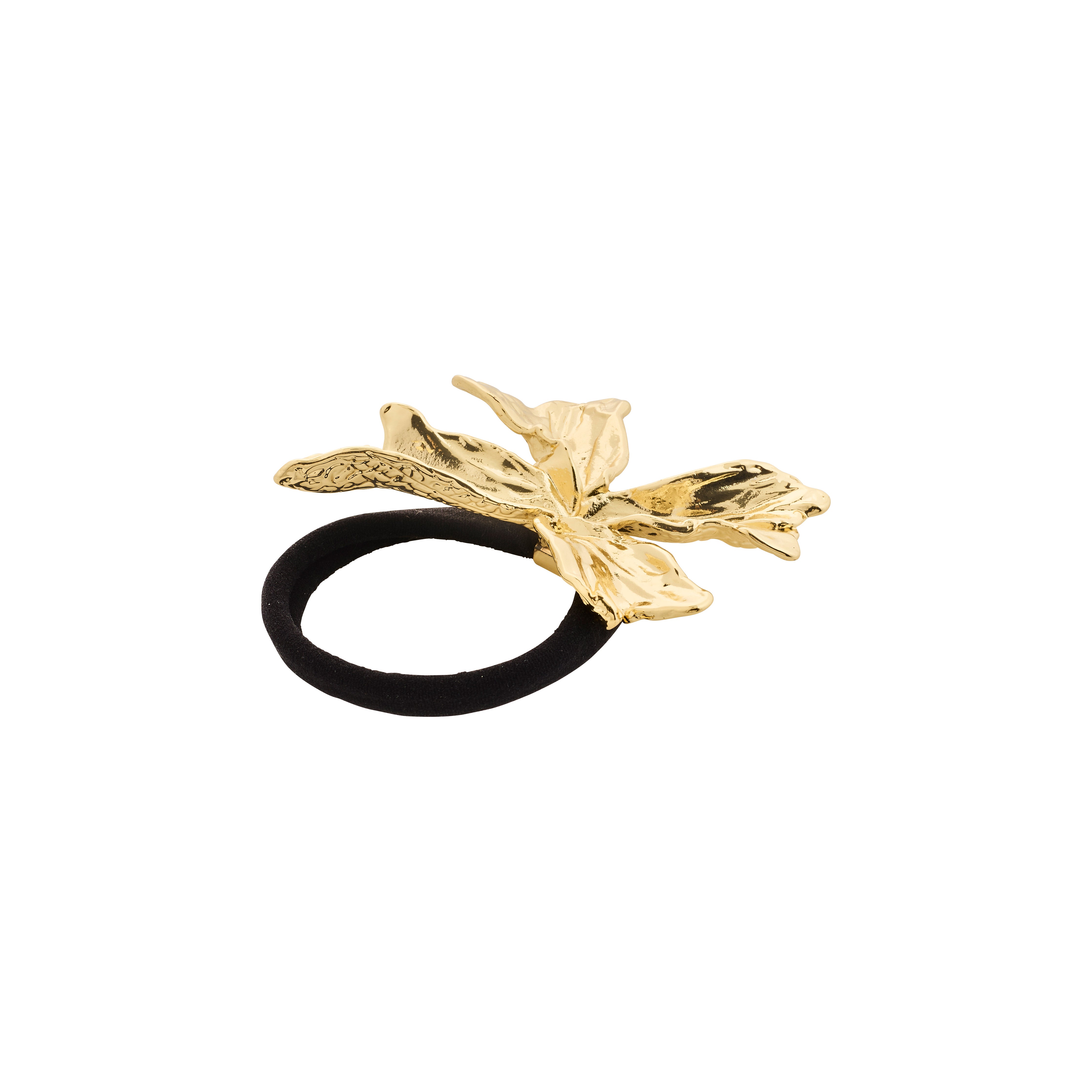 DREAM hair accessory from Pilgrim: a black elastic band with a gold-plated flower pendant, perfect for enhancing summer hairstyles with elegance.