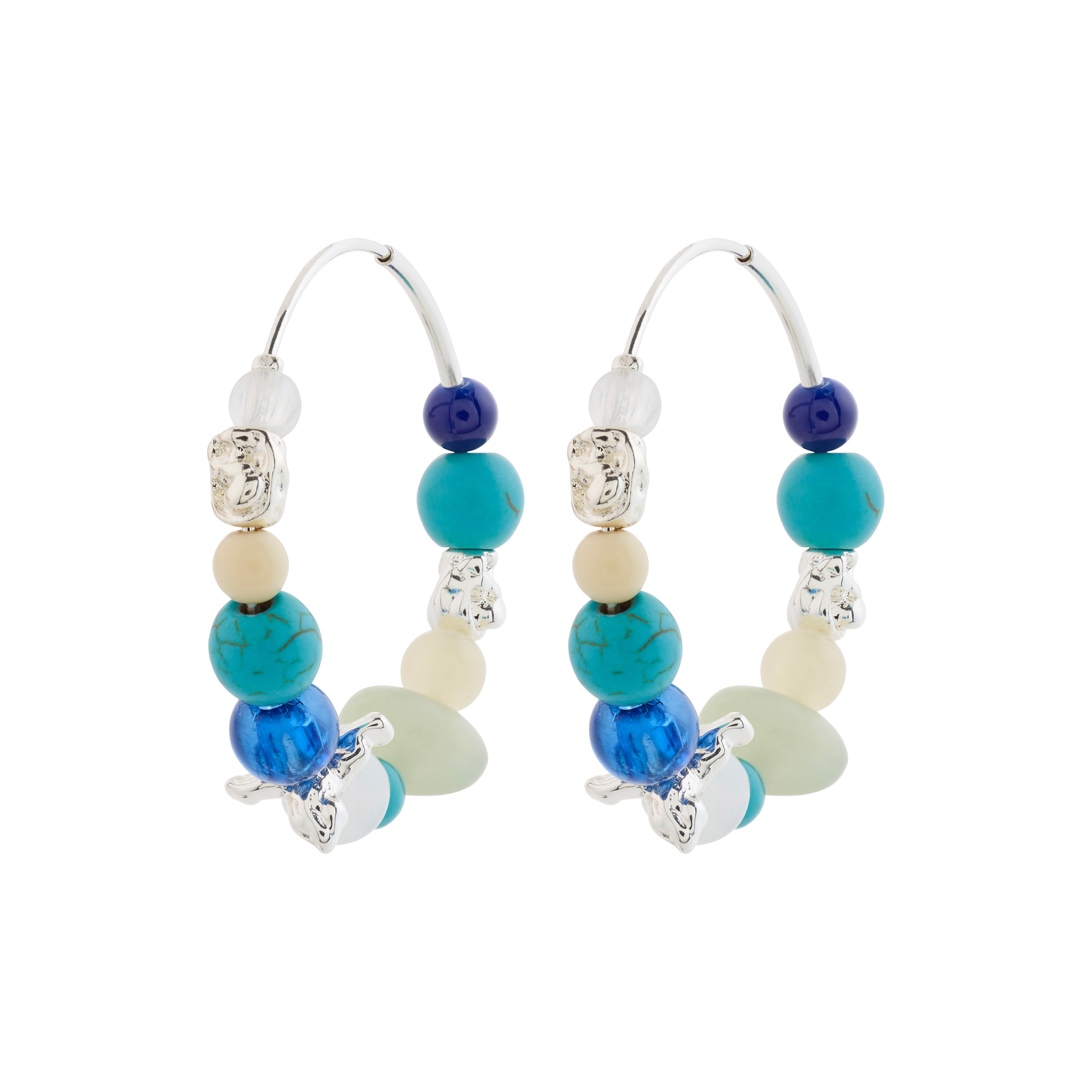 DREAM hoops blue/silver-plated earrings featuring blue and white beads, embodying summer elegance with silver-plated details from Pilgrim's handmade Danish jewelry collection.