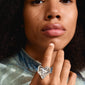 Woman wearing a RYAN ring, silver-plated with a bold, heart-shaped design, from Pilgrim's IMAGINATION collection, highlighting individuality and eco-conscious craftsmanship.