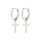 FLYNN earrings silver-plated, featuring chunky hoops with sleek cross pendants, offer a timeless design and easy click clasp. Made from 99% recycled materials for sustainable style.