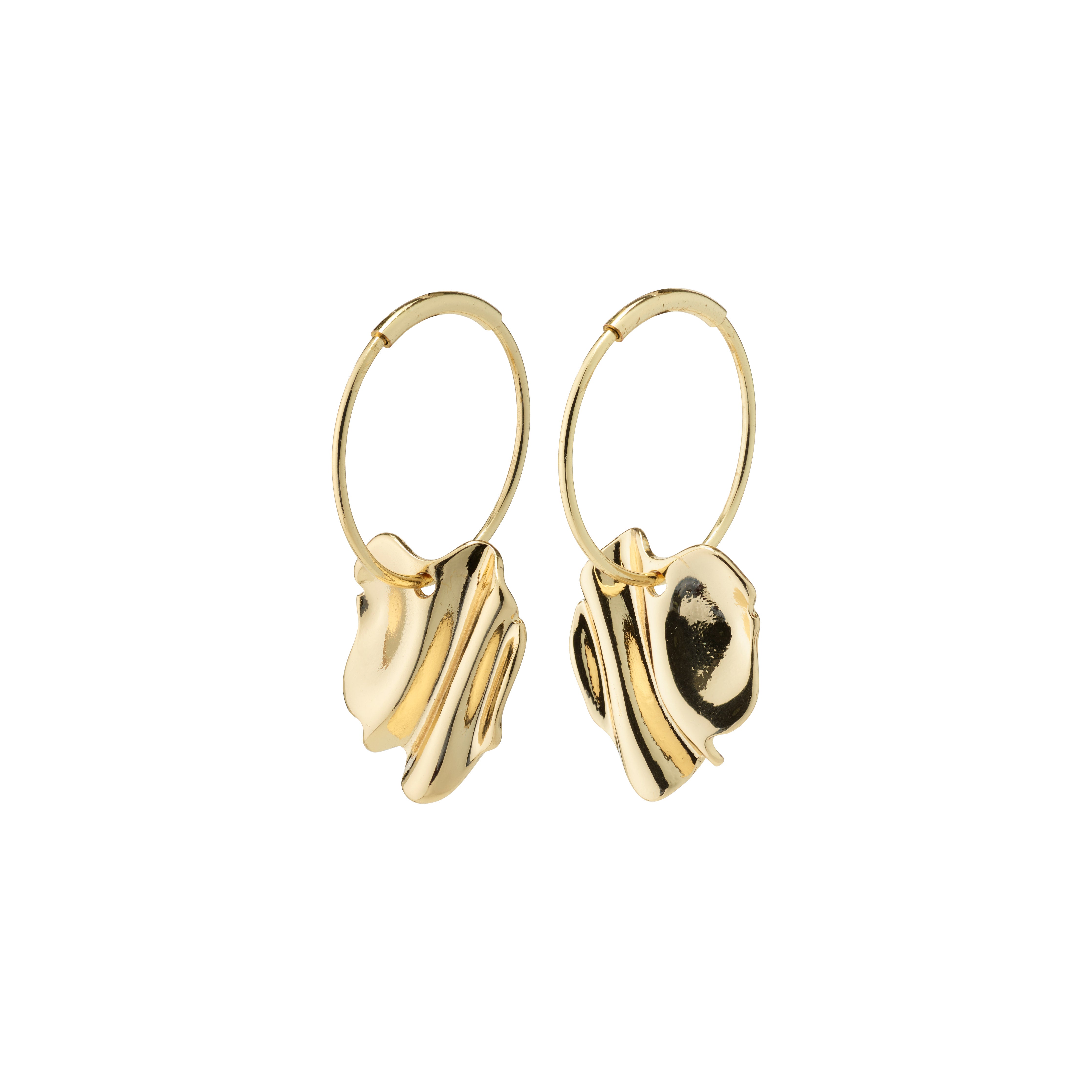 EM wavy hoop earrings, gold-plated, featuring asymmetrical, organically embossed surfaces, reflecting light for a vibrant, handcrafted look.