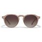 ALEJANDRA sunglasses light brown featuring a unique angular frame atop a classic round design, offering a trendy twist. Includes fabric pouch for protection and cleaning.