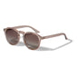 ALEJANDRA sunglasses light brown, featuring a modern angular design with round frames, providing a stylish edge. Comes with a protective fabric pouch.